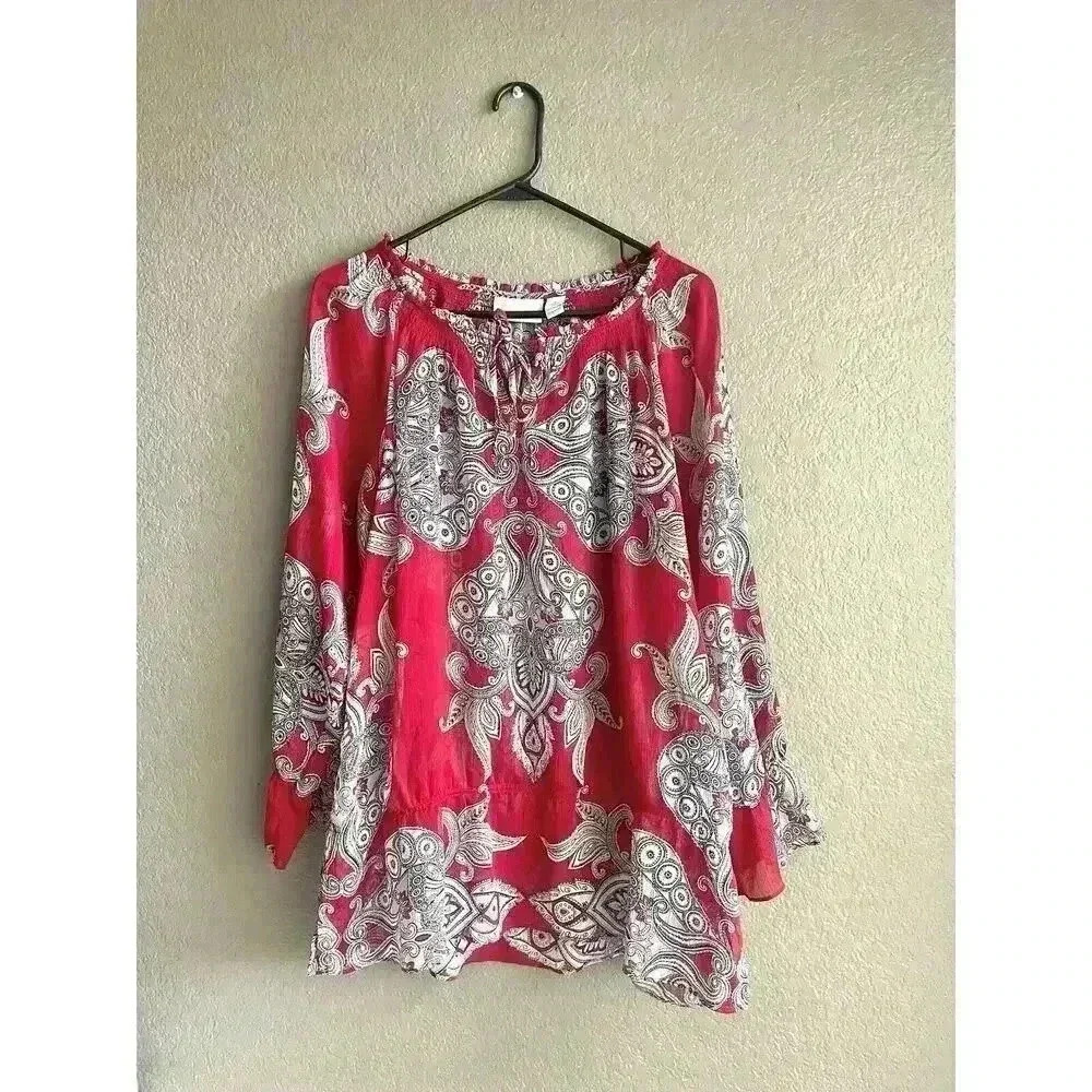 Chicos Size 2 Plus Size Pull Over Blouse Top Sheer Lightweight Paisley